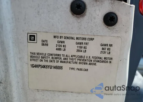 2000 Buick Lesabre Custom z USA, uszkodzony, nr VIN 1G4HP54K6YU146006